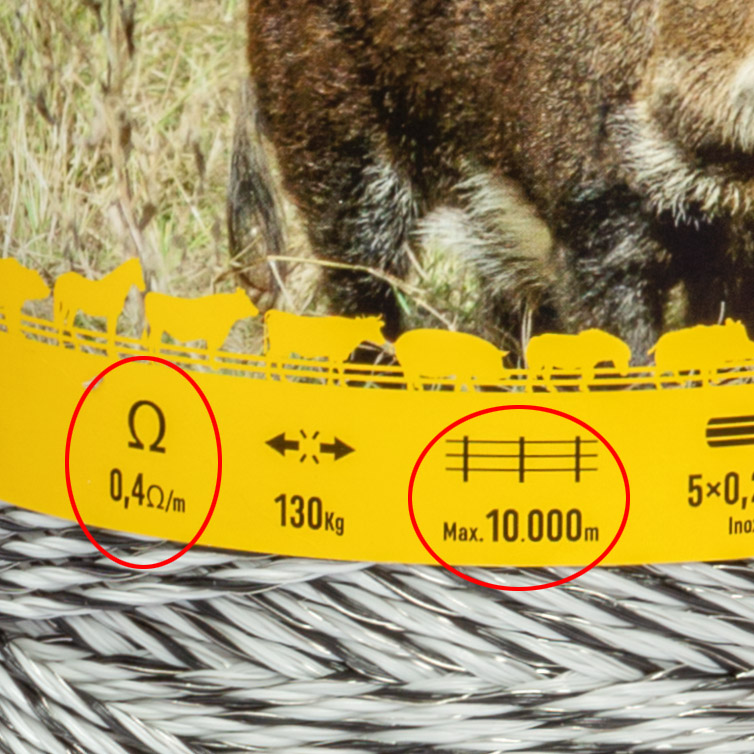 Parametri del filo indicati sull’etichetta – resistenza e lunghezza massima del recinto