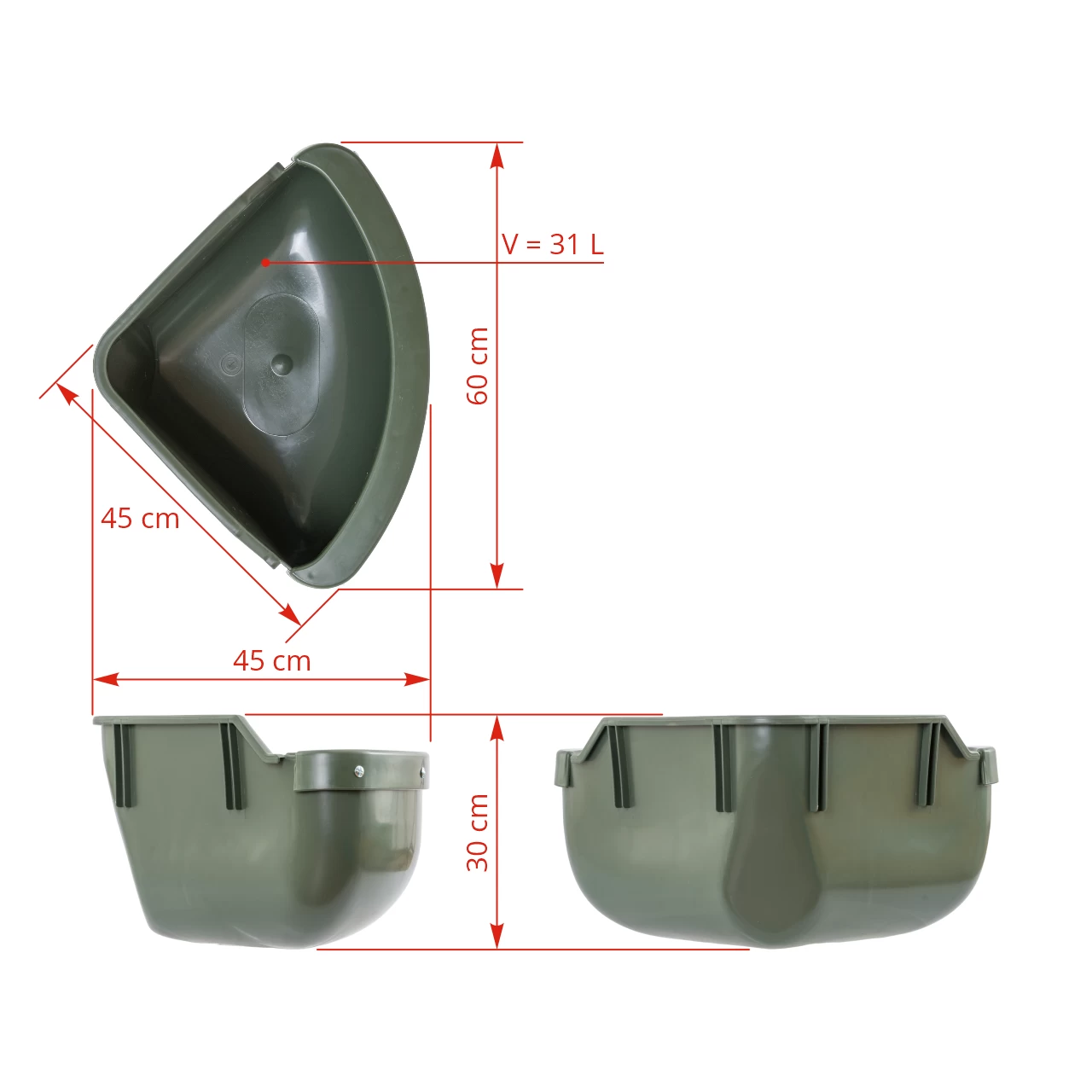 Mangiatoia in plastica con bordo di protezione, montaggio ad angolo, 31 litri