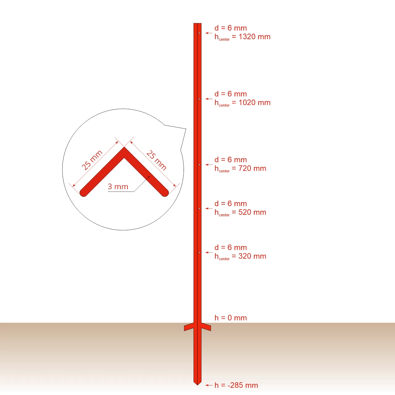 Palo in acciaio quadrato 25 × 25 mm, 165 cm