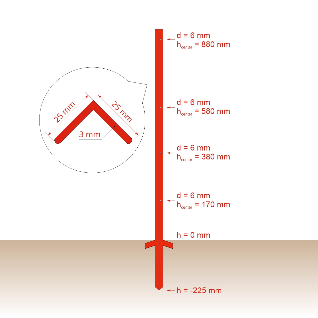 Palo in acciaio quadrato 25 × 25 mm, 115 cm, 10 pz.