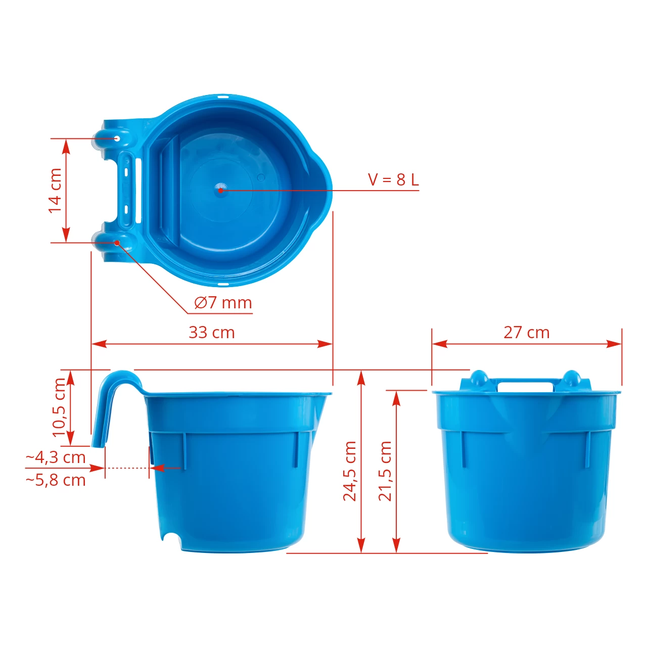 Secchio per l'alimentazione, con staffa di sospensione, forma cilindrica, blu, 8 litri
