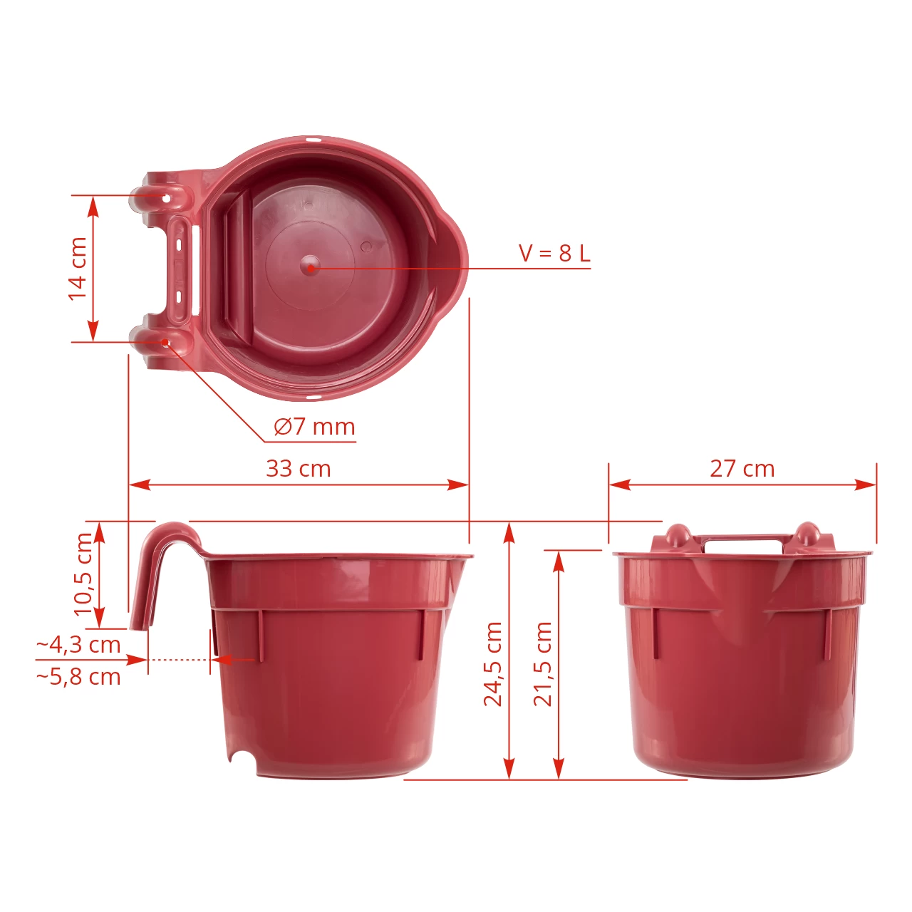 Secchio per l'alimentazione, con staffa di sospensione, forma cilindrica, bordeaux, 8 litri