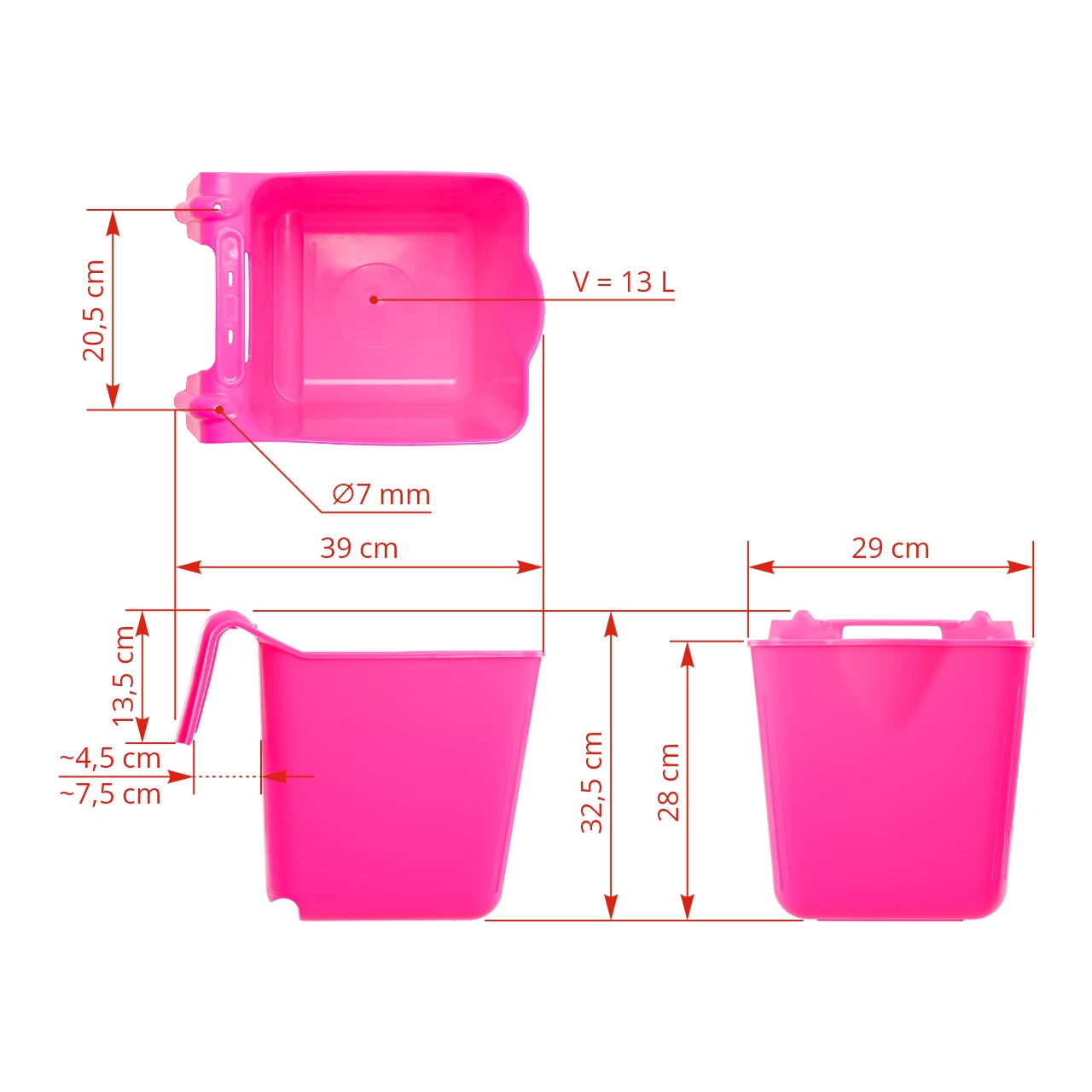 Secchio per l'alimentazione, con staffa di sospensione, forma quadrata, rosa, 13 litri