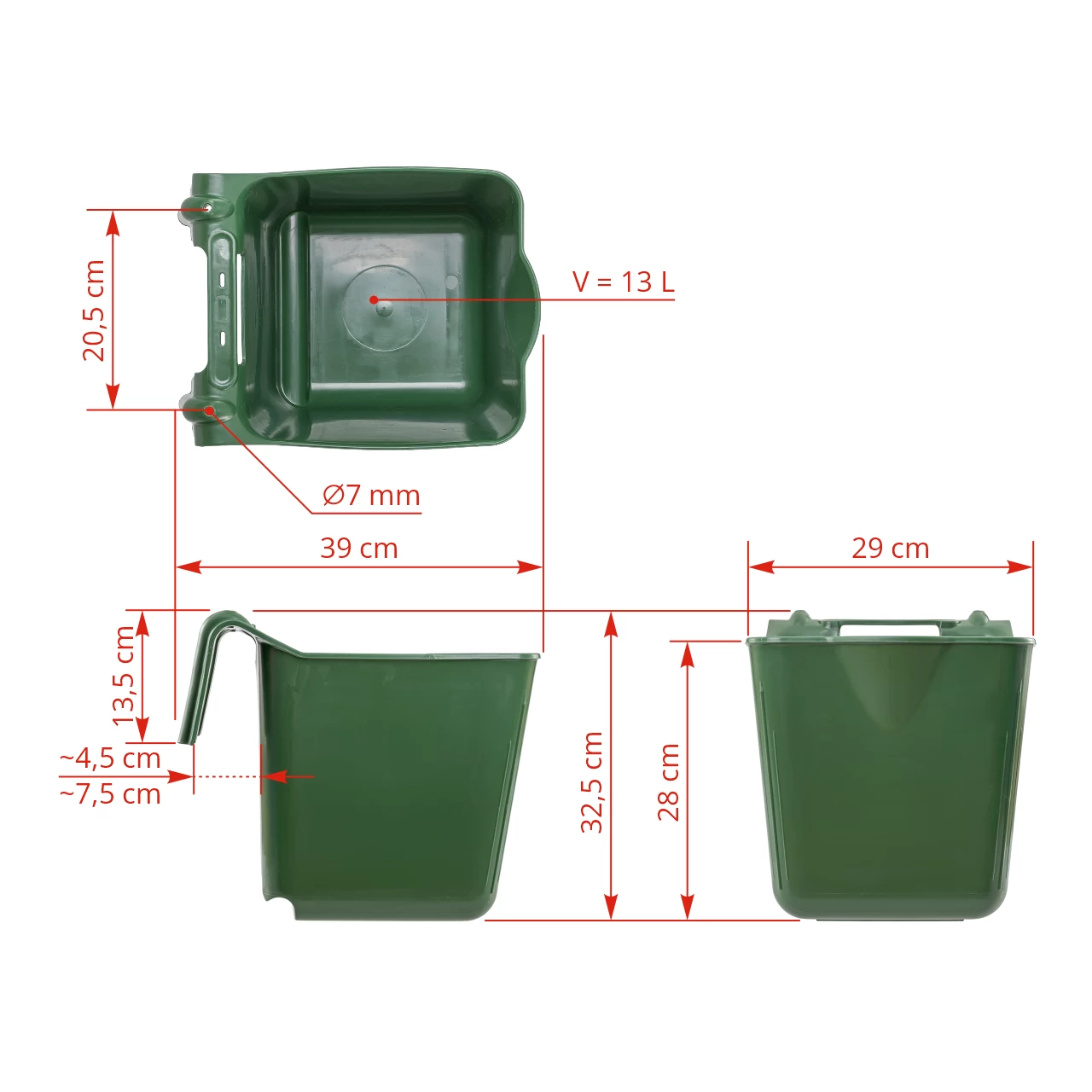 Secchio per l'alimentazione, con staffa di sospensione, forma quadrata, verde scuro, 13 litri