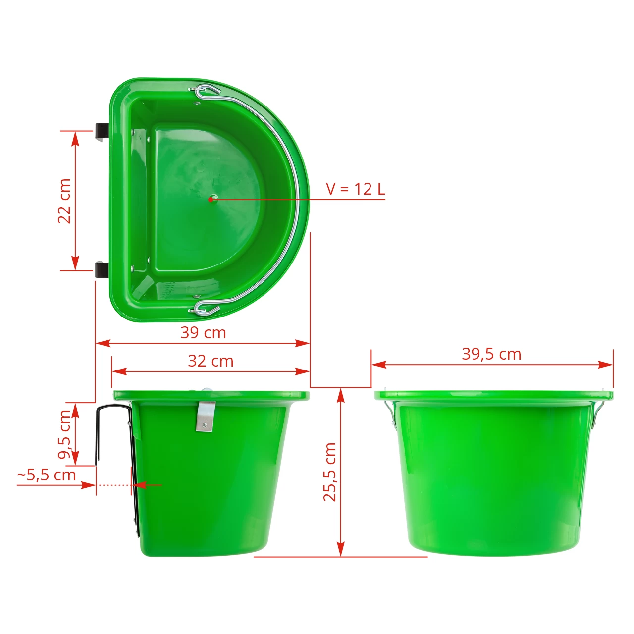 Secchio per mangime per cavalli con staffa per fissaggio e maniglia, verde, 12 litri