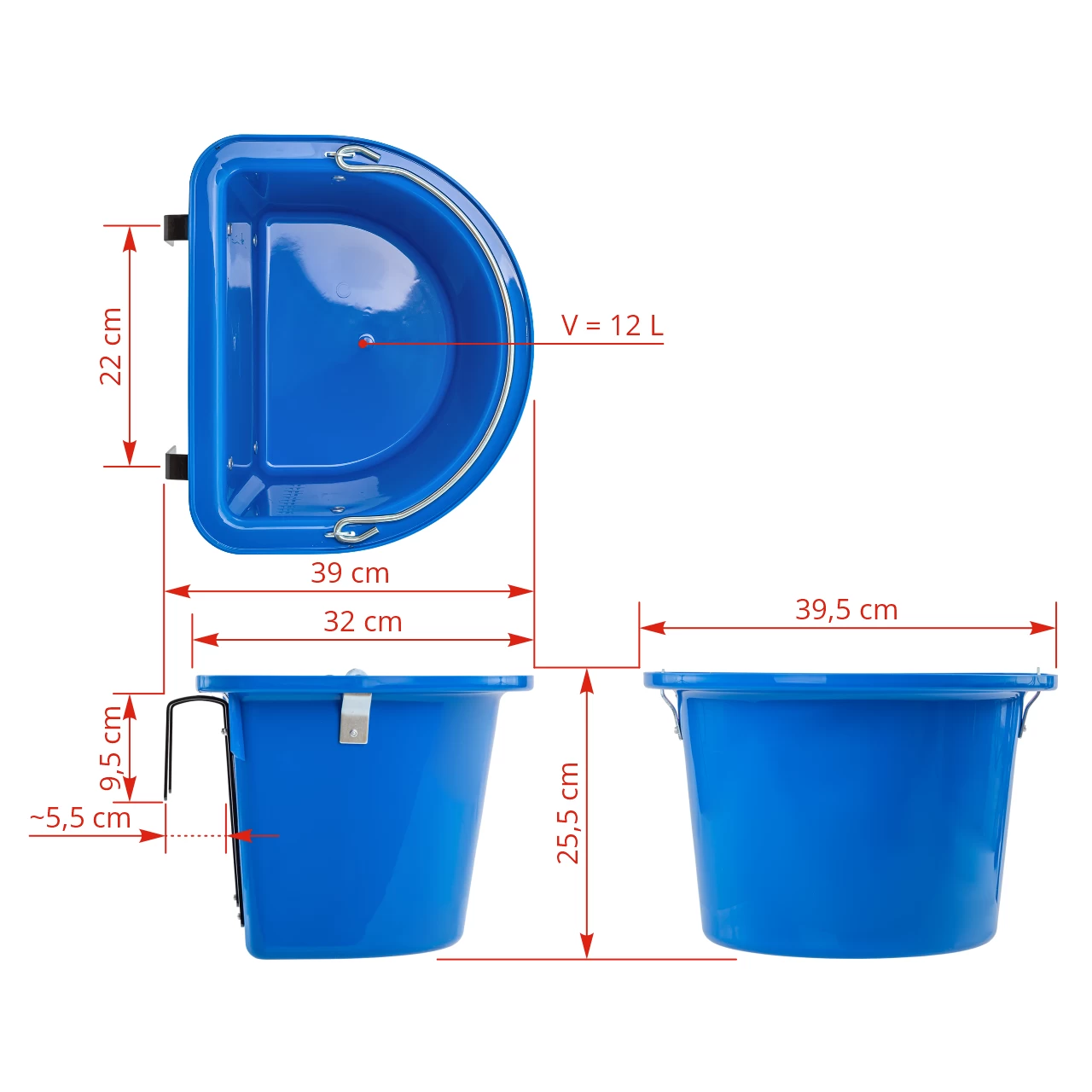 Secchio per mangime per cavalli con staffa per fissaggio e maniglia, blu reale, 12 litri