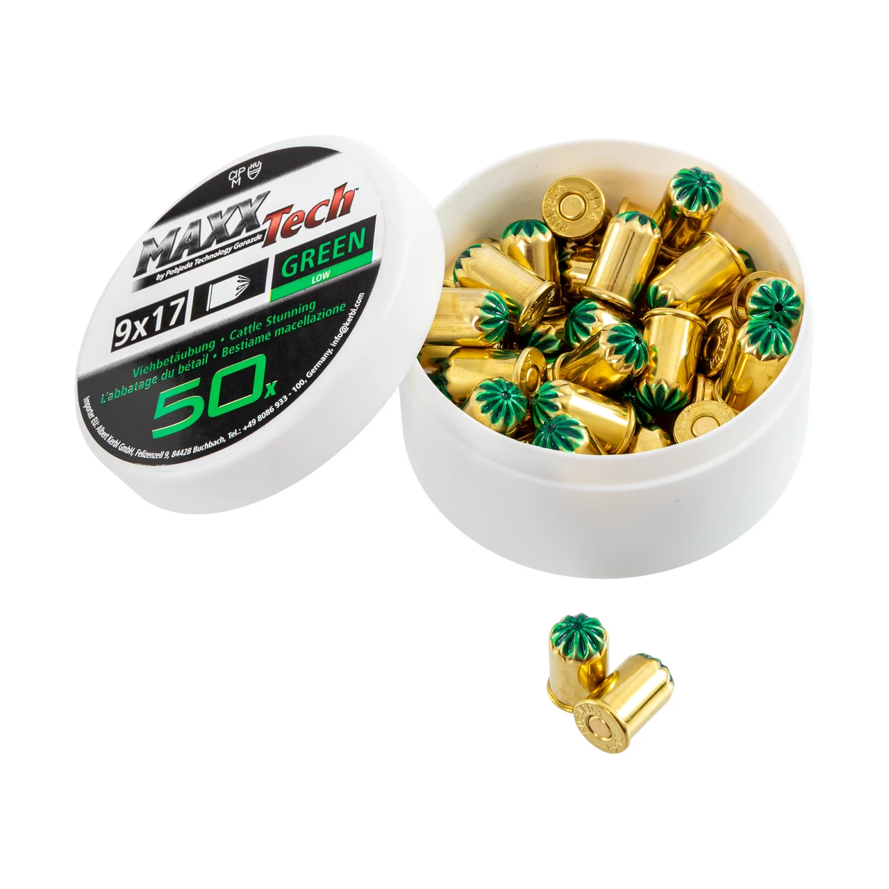 Cartucce per pistola eutanasia verde per animali di taglia piccola. 9 × 17 mm, MaxxTech, 50 pz.