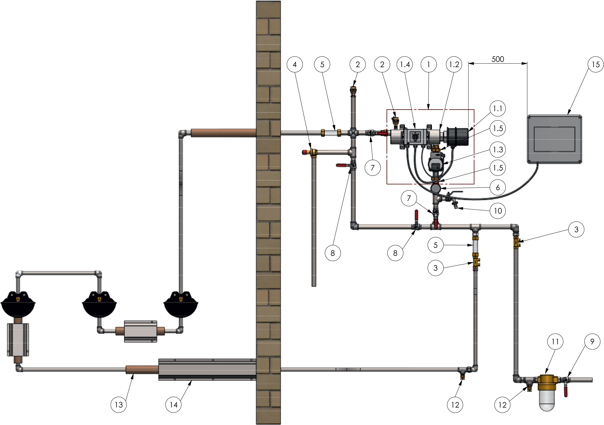 Schema di montaggio del sistema di riscaldamento e ricircolo dell’acqua C10