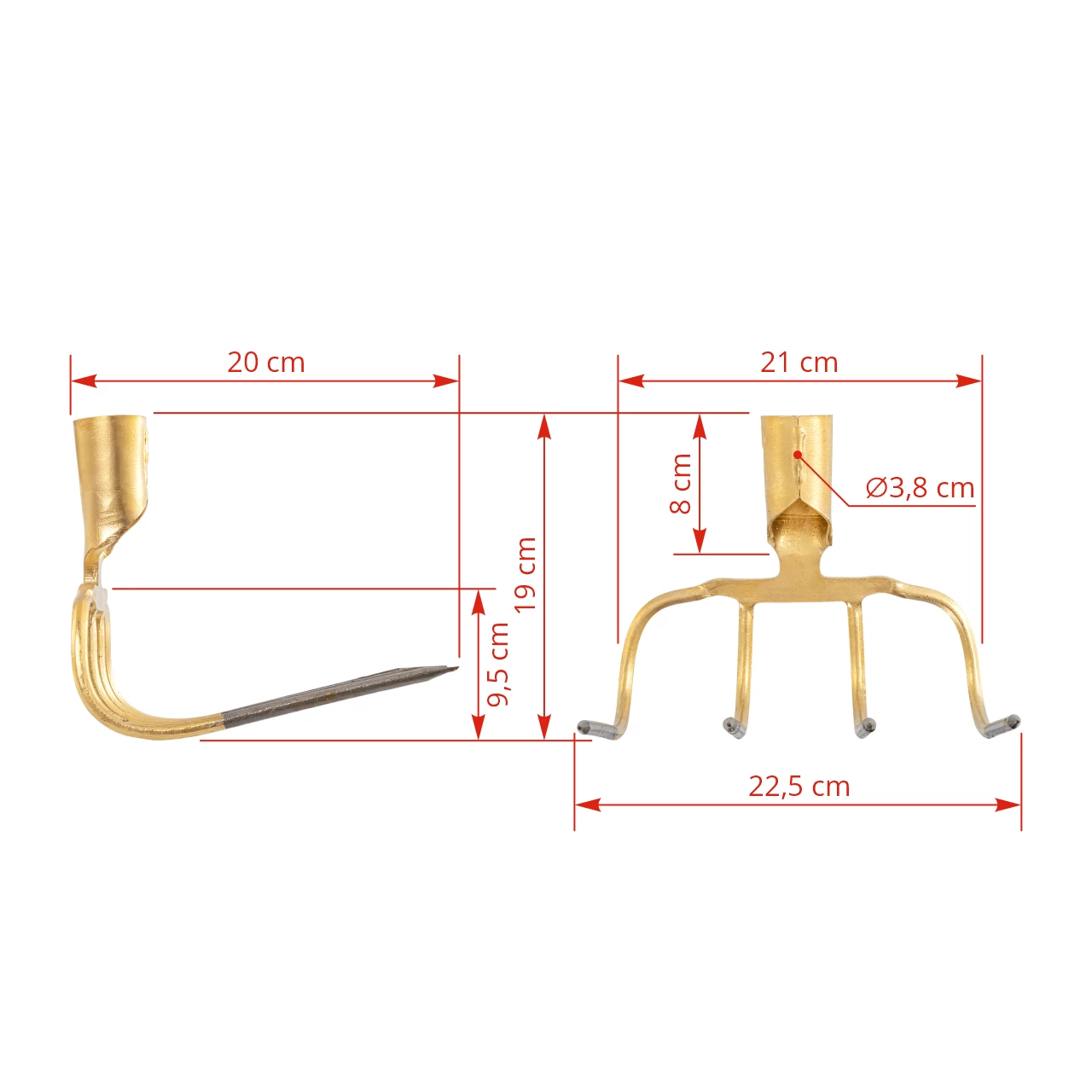 Forca per letame a 4 corna, curva a 90 gradi, 22,5 × 20 cm