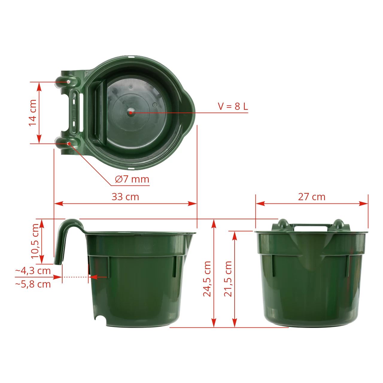 Secchio per l'alimentazione, con staffa di sospensione, forma cilindrica, verde scuro, 8 litri