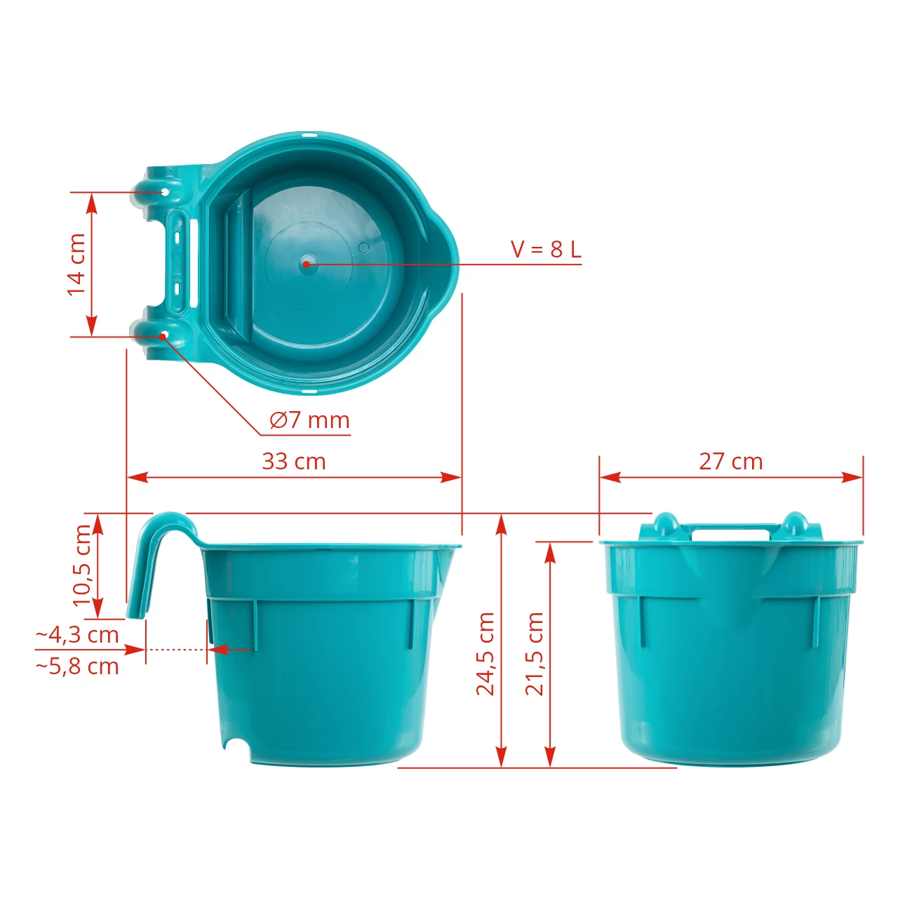 Secchio per l'alimentazione, con staffa di sospensione, forma cilindrica, turchese, 8 litri