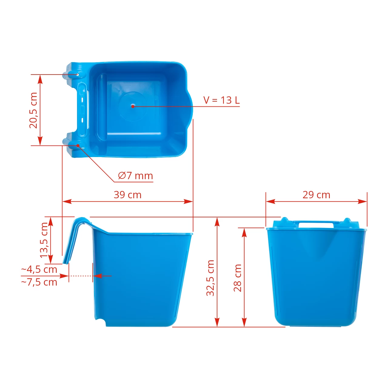 Secchio per l'alimentazione, con staffa di sospensione, forma quadrata, blu, 13 litri