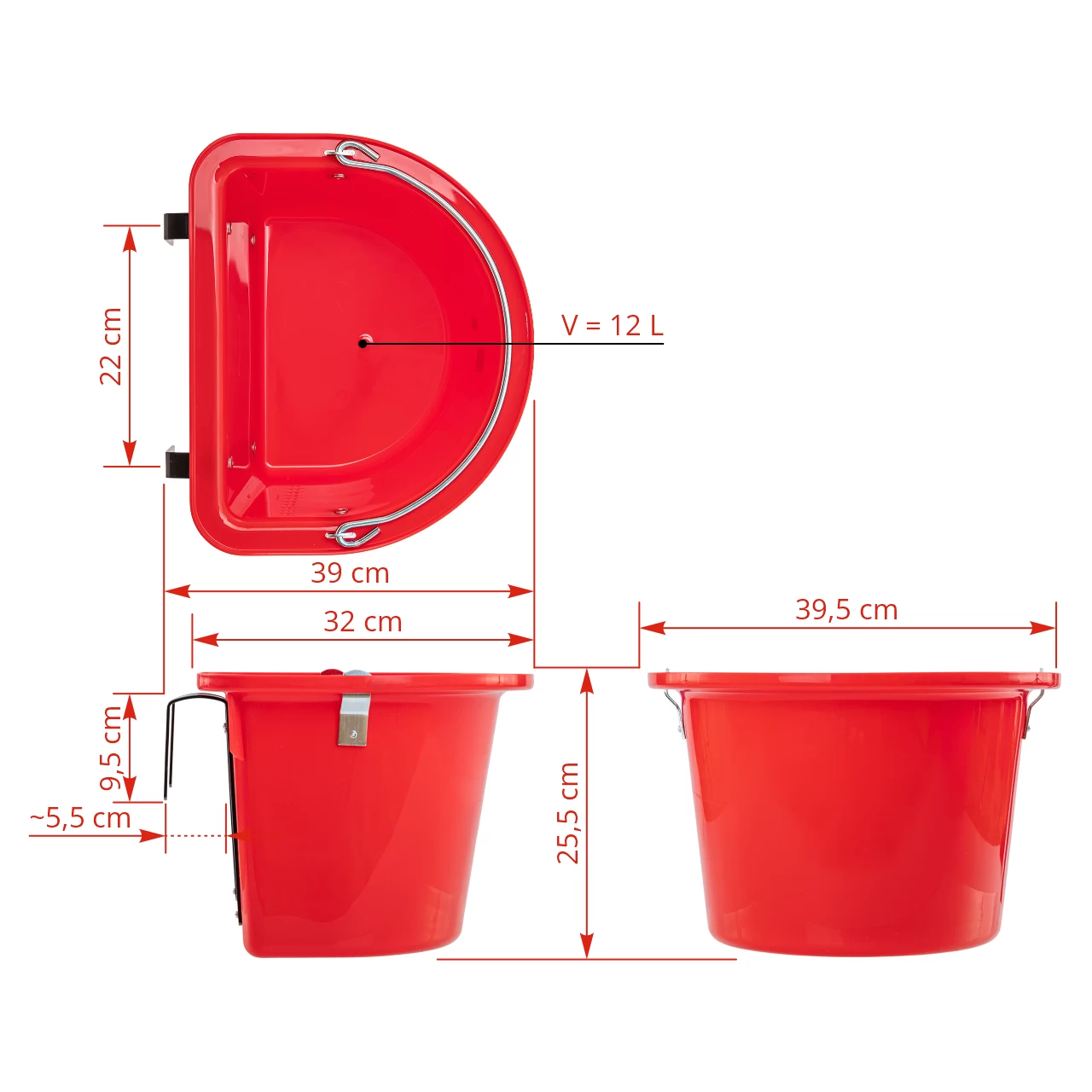 Secchio per mangime per cavalli con staffa per fissaggio e maniglia, rosso, 12 litri