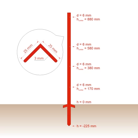 Palo in acciaio quadrato 25 × 25 mm, 115 cm, 10 pz.