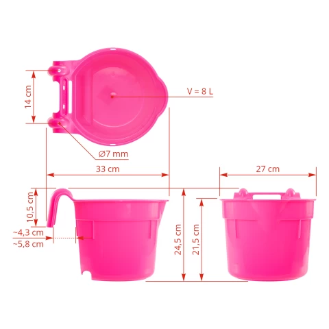 Secchio per l'alimentazione, con staffa di sospensione, forma cilindrica, rosa, 8 litri