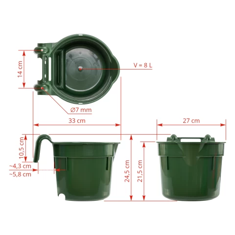 Secchio per l'alimentazione, con staffa di sospensione, forma cilindrica, verde scuro, 8 litri