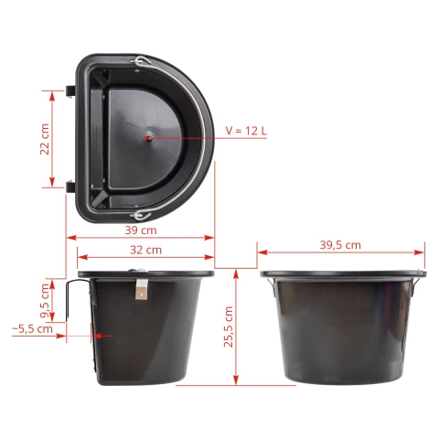 Secchio per mangime per cavalli con staffa per fissaggio e maniglia, nero, 12 litri